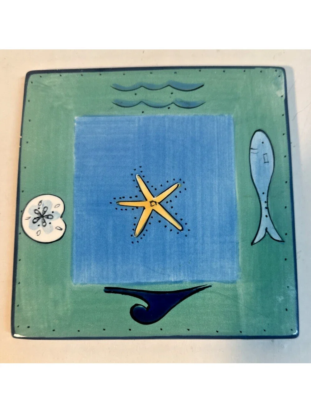 Brushes Hand Painted K.I.C.  Ocean Fish Starfish Blue /Green Tile and Spoon rest